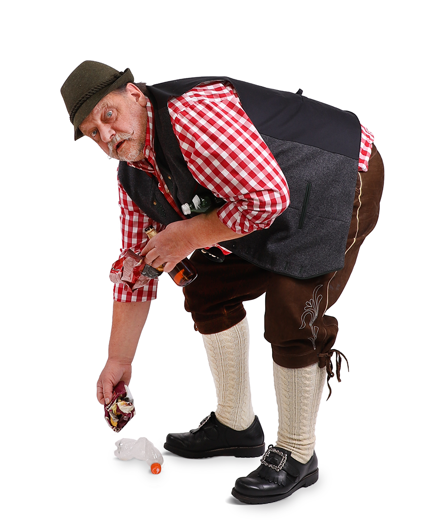 Tirol klaubt auf - Flurreinigung Kampagne: Mann in Lederhose bückt sich nach gelitterten Abfällen